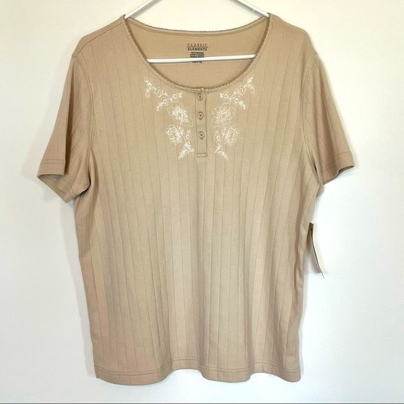 Vintage Classic Elements Embroidered Cream Ribbed Short Sleeve Blouse Size Large - Picture 1 of 7
